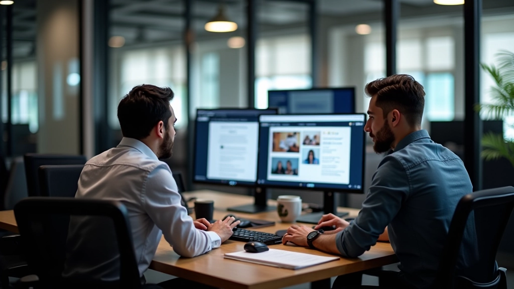 Modern web design agency workspace with team members collaborating on footer design projects